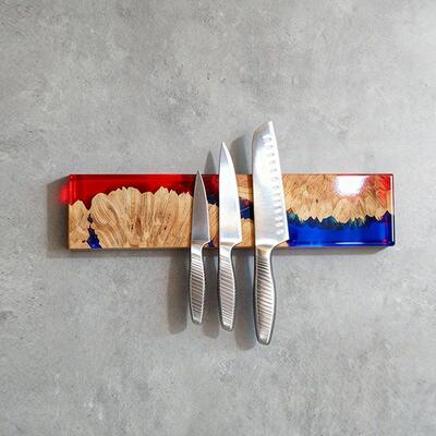 Unique Flowing Red-Blue Resin-Wood Magnetic Knife Holder – Housewarming Gift