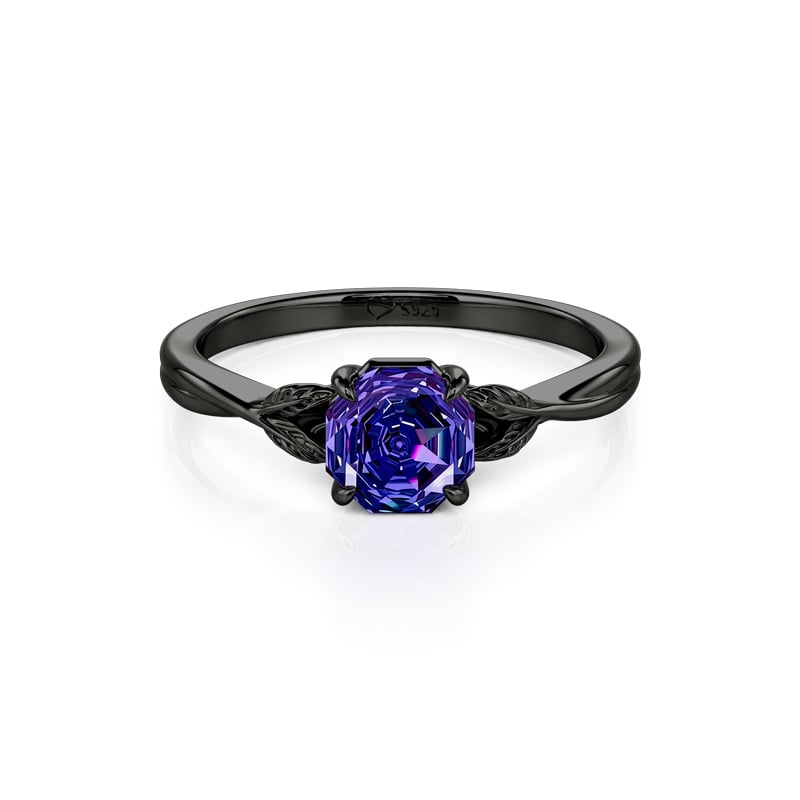Jeulia Gothic Black Twist Leaf Octagon Purple Rose Cut Ring