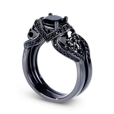Jeulia Black Tone Round Cut Sterling Silver Skull Ring