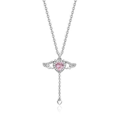 Jeulia "Flying Angel's Wings" Pink Heart Necklace Sterling Silver