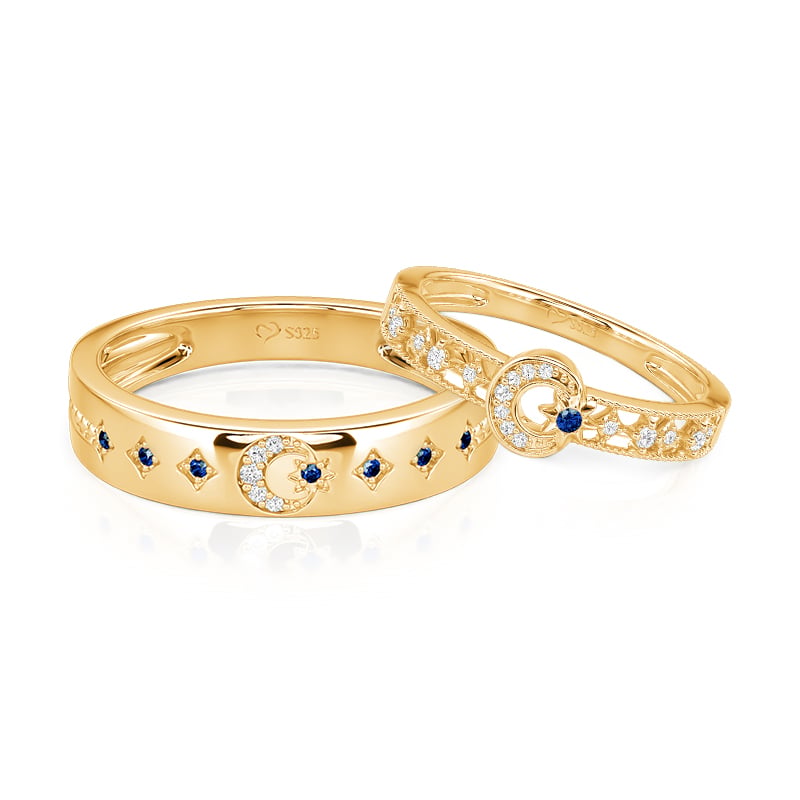 Jeulia Vintage Milgrain Moon and Star Couple Ring Set