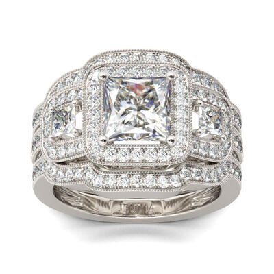 Jeulia Halo Princess Cut Sterling Silver Ring Set