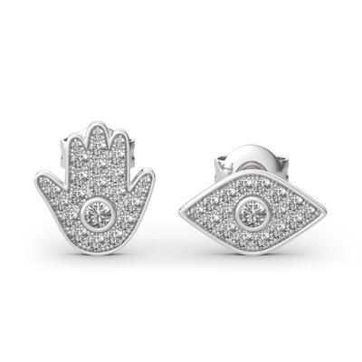 Jeulia "Hamsa and Evil Eye" Asymmetric Sterling Silver Stud Earrings