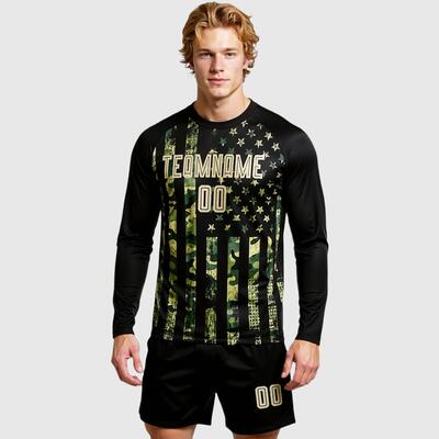 Custom Camo Vegas Gold-Black American Flag Fashion Sublimation Salute To Service Soccer Uniform Jersey Long Sleeve