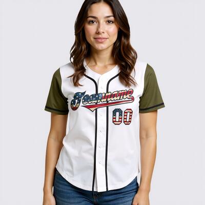 Custom White Olive USA Flag Baseball Jersey Salute to Service Personalized Name and Number Ideal for Veteran Events and Patriotic Games
