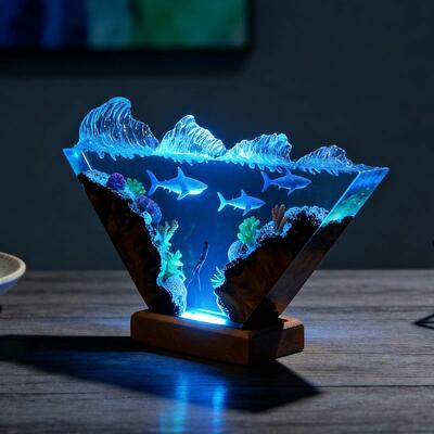 Artisanal Ocean Series Resin Wood Lamp - Diver & White Sharks Decor