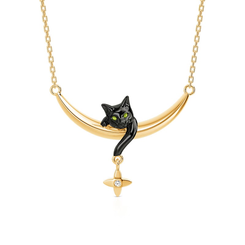 Jeulia Petland Collier Chat Noir Lune avec Accent Étoile