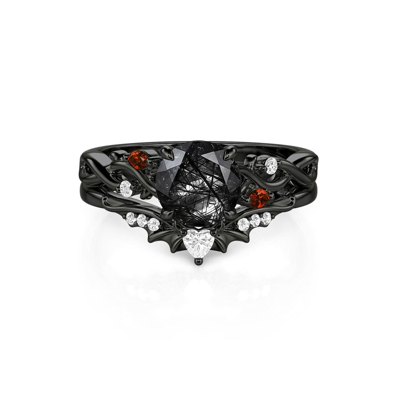 Jeulia Until Death Gothic Bat Black Rutilated Quartz Bridal Set