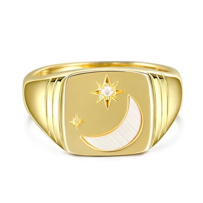 Jeulia Anillo de Sello de Plata de Ley de Estrella y Luna