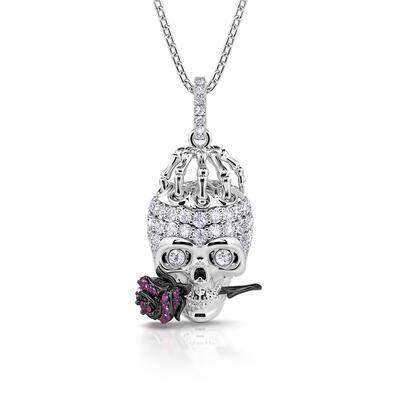 Jeulia "Forever Romance" Skull and Rose Flower Sterling Silver Necklace