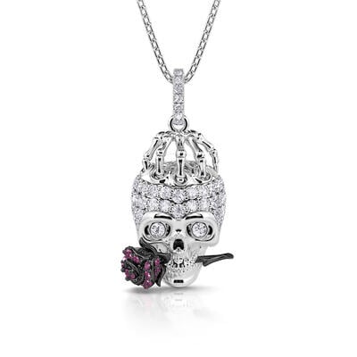 Jeulia "Forever Romance" Skull and Rose Flower Sterling Silver Necklace
