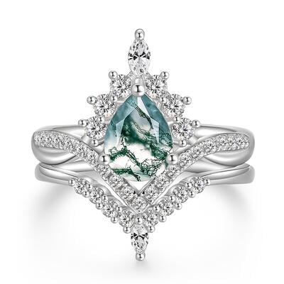 Jeulia Juego de Anillos de Compromiso de Ágata Musgo Corte Pera Fino