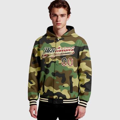 Custom Camo Hoodie Jacket Vintage USA Flag Cream-Black 3D Bomber Full-Snap Varsity Letterman Salute To Service Hoodie Jacket