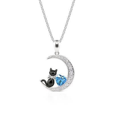 Jeulia Custom Black Cat Moon Necklace with Heart Birthstone