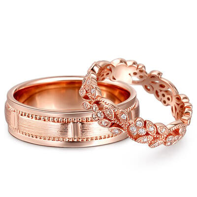 Jeulia Floral and Leaf Carved Unique Sterling Silver Band Set