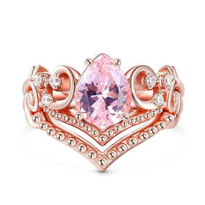 Jeulia V-shaped Pear Cut Synthetic Morganite Sterling Silver Ring Set