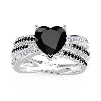 Jeulia Black And White Heart Crossover Ring Sterling Silver