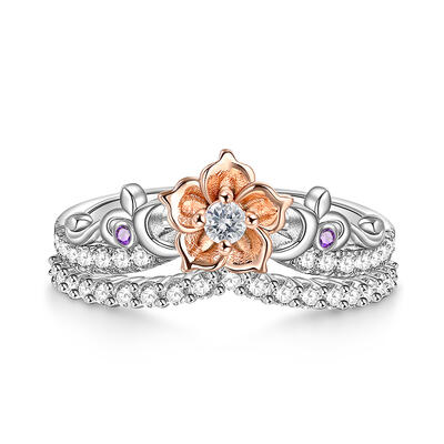Jeulia Rose Gold Flower Promise Ring Set Two Tone Sterling Silver