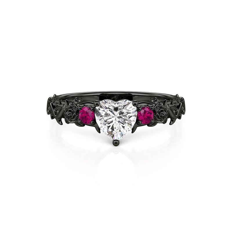Jeulia Gothic Black Flower Heart Ring Sterling Silver