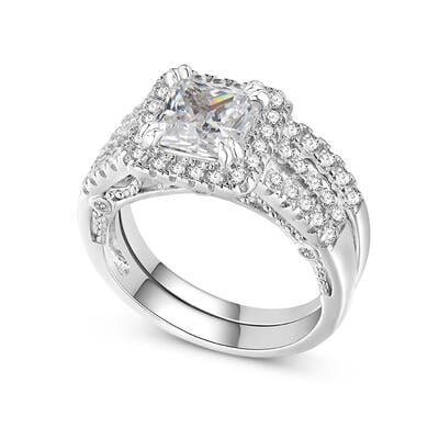 Jeulia Conjunto de Anillos de Plata Esterlina de Corte Esmeralda Vintage con Milgrain