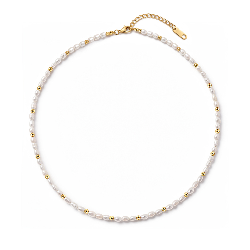 Jeulia Everyday "Andy" Style Pearl Necklace with Gold Beads