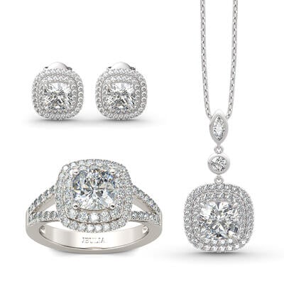 Jeulia Double Halo Cushion Cut Sterling Silver Jewelry Set