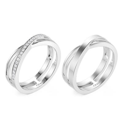 Jeulia Twist Crossover Couple Rings Set Sterling Silver