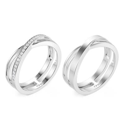 Jeulia Twist Crossover Couple Rings Set Sterling Silver