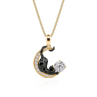 Jeulia Custom Black Cat Gold Moon Necklace With Birthstone