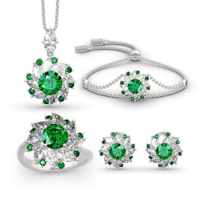 Jeulia Conjunto de joyas de corte en tono verde redonda con halo