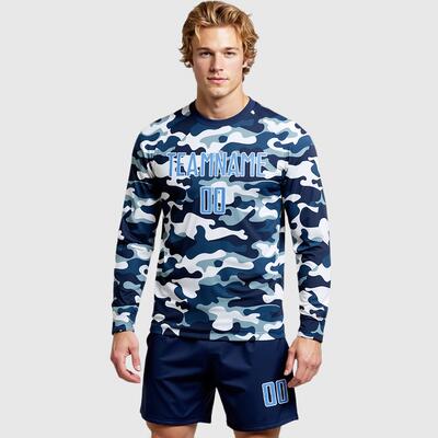 Custom Camo Light Blue-Royal Sublimation Salute To Service Soccer Uniform Jersey Long Sleeve