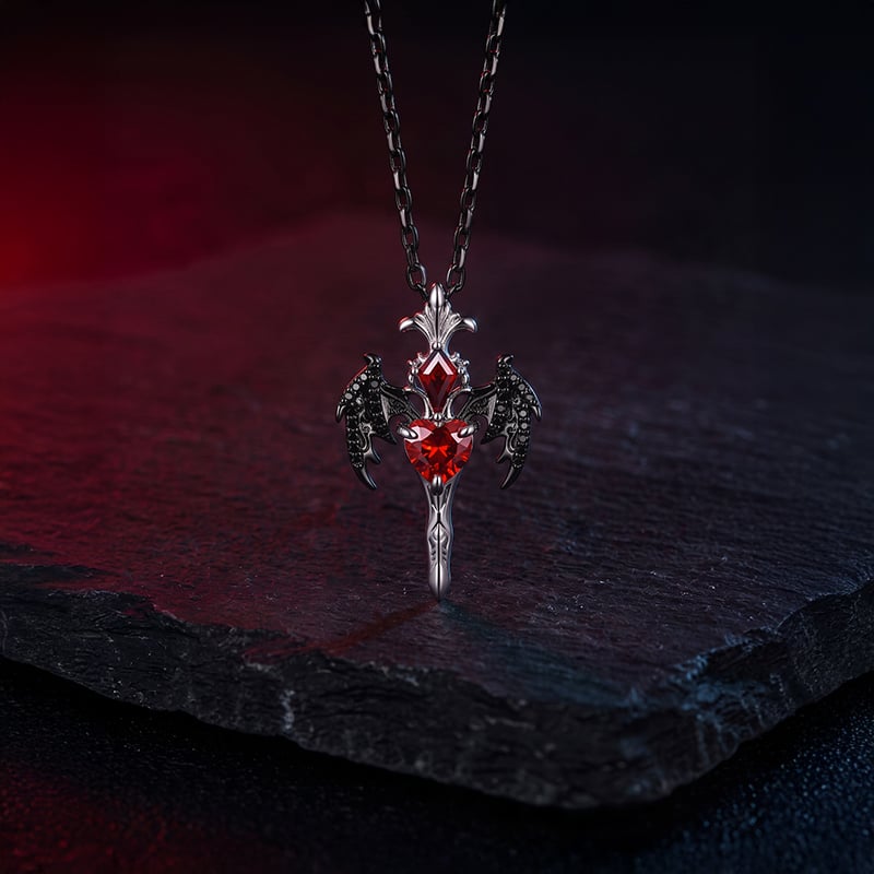 Jeulia Until Death Gothic Red Heart Bat Wing Sword Necklace