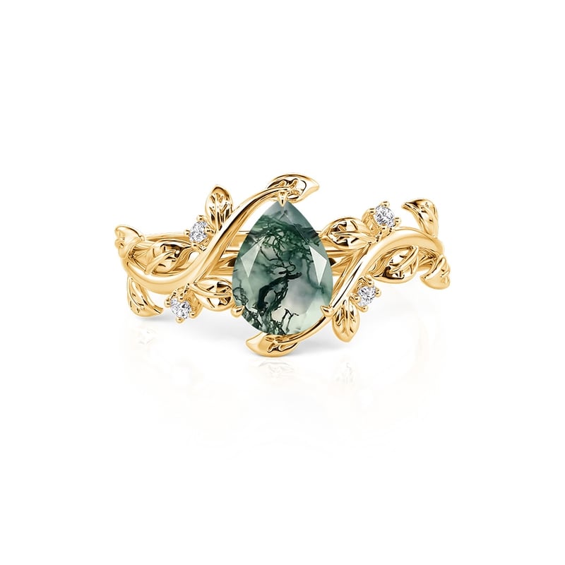 Jeulia Anillo de Compromiso Cruzado Dorado Corte Pera de Ágata Musgo con Hoja de Vid