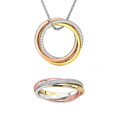 Jeulia "Be Together" Three Tone Round Cut Sterling Silver Jewelry Set