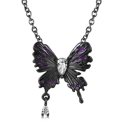 Jeulia Collar de Plata de Ley con Corte Pera Y Mariposa Negra Oscura