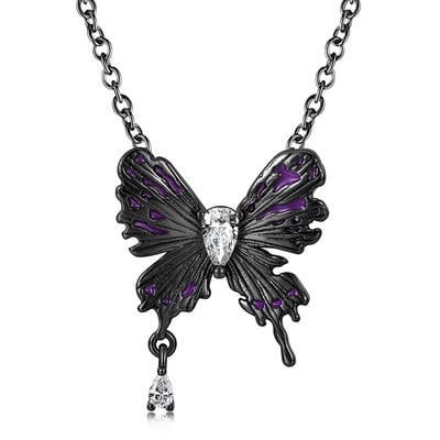 Jeulia "Night Wings" Dark Black Butterfly Pear Cut Sterling Silver Necklace