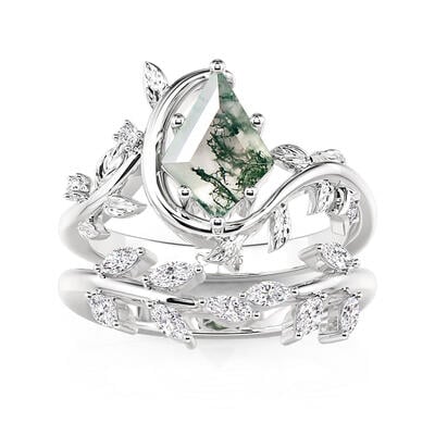 Jeulia Leaf Kite Cut Moss Agate Ring Set Sterling Silver