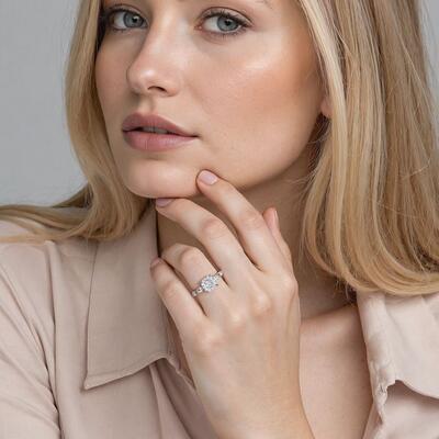 "Treasured Moments" Cushion Cut Side Stone Engagement Ring