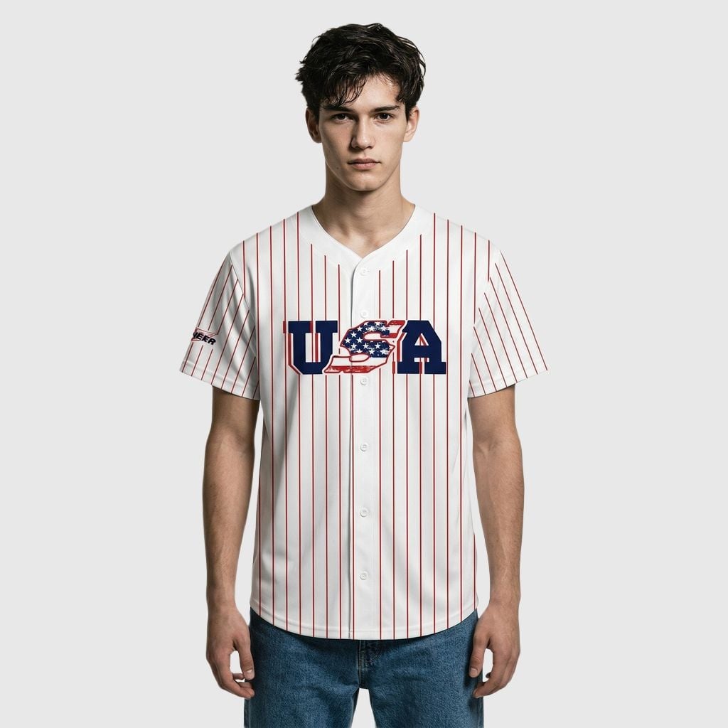 Custom USA Flag Red Pinstripe Baseball Jersey-Personalized Team Name and Number