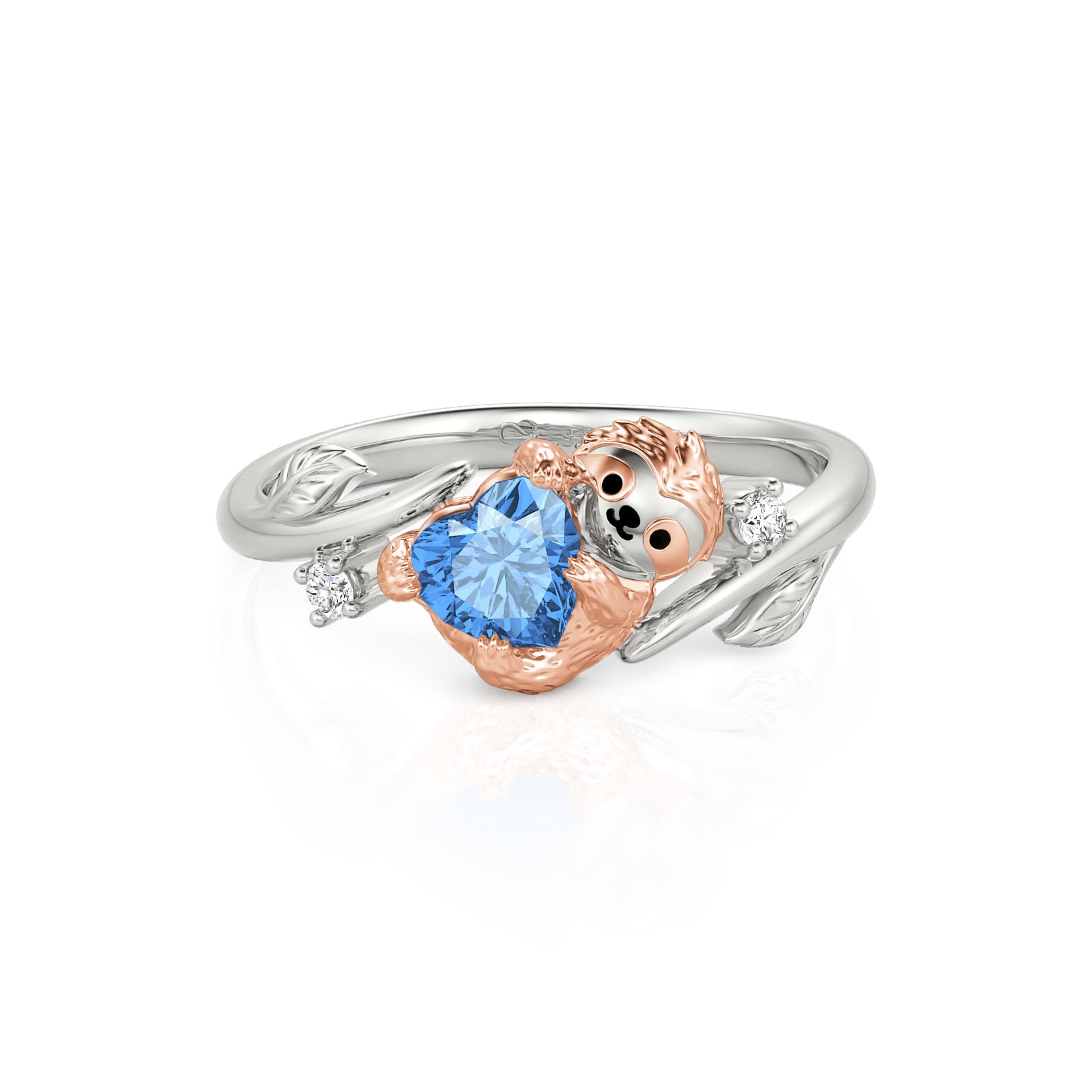 Jeulia Hug Me Custom Heart Birthstone Sloth Ring with Leaf Band