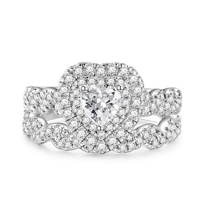Jeulia Conjunto de Anillo de Corazón Halo Clásico en Plata Esterlina