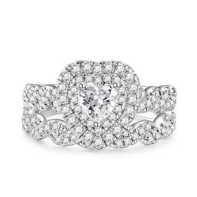 Jeulia Conjunto de Anillo de Corazón Halo Clásico en Plata Esterlina