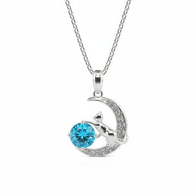 Jeulia "Cat on the Moon" Custom Birthstone Necklace Sterling Silver