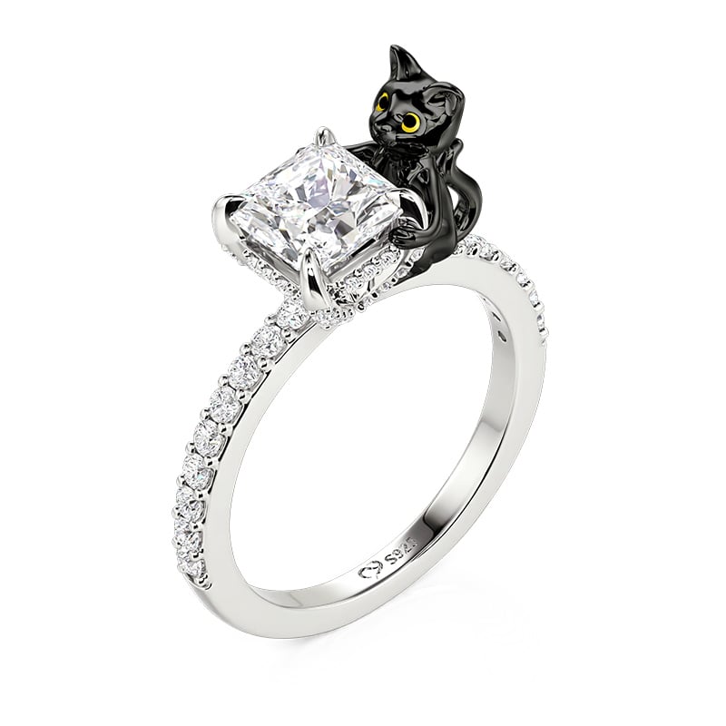 Jeulia Hug Me Anillo Gato Negro con Halo Oculto de Plata de Ley
