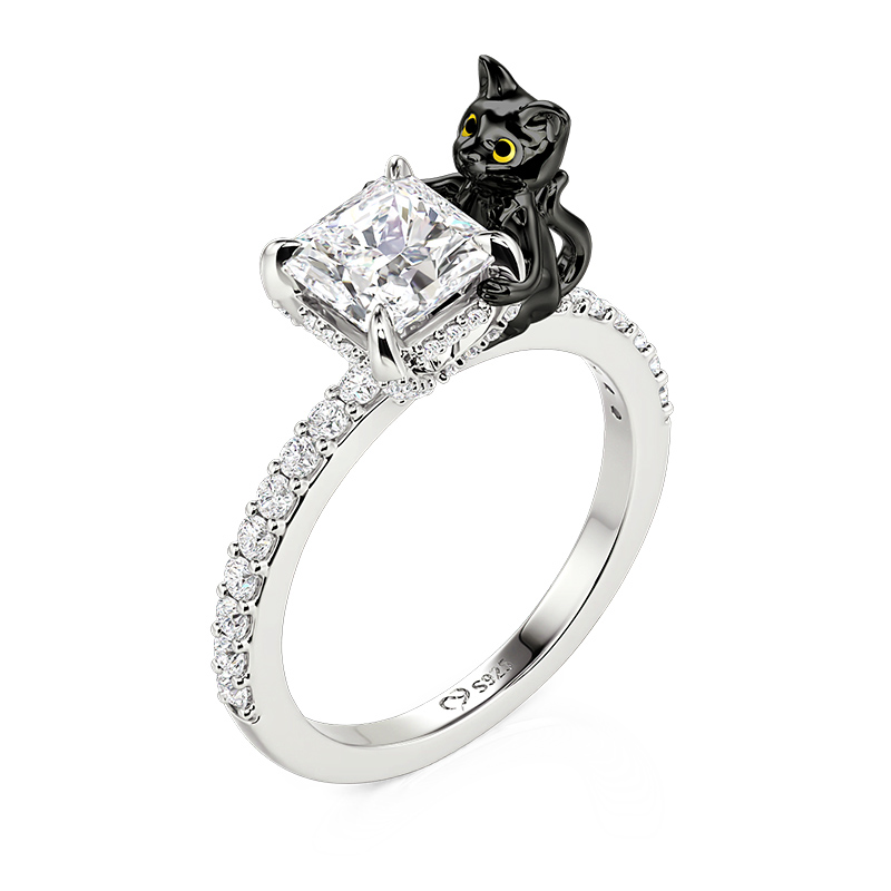 Jeulia Hug Me Anillo Gato Negro con Halo Oculto de Plata de Ley