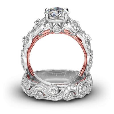 Jeulia Vintage Scrollwork Round Cut Sterling Silver Ring Set