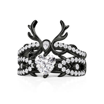 Jeulia 2PCS Gothic Black Thorn Heart Ring Set