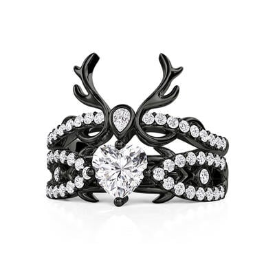 Jeulia 2PCS Gothic Black Thorn Heart Ring Set