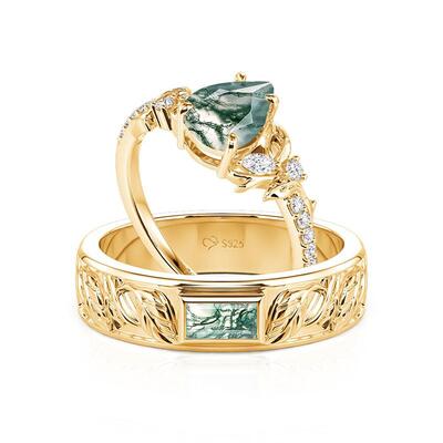 Jeulia Nature Inspired Leaf Carved Moss Agate Couple Rings Set