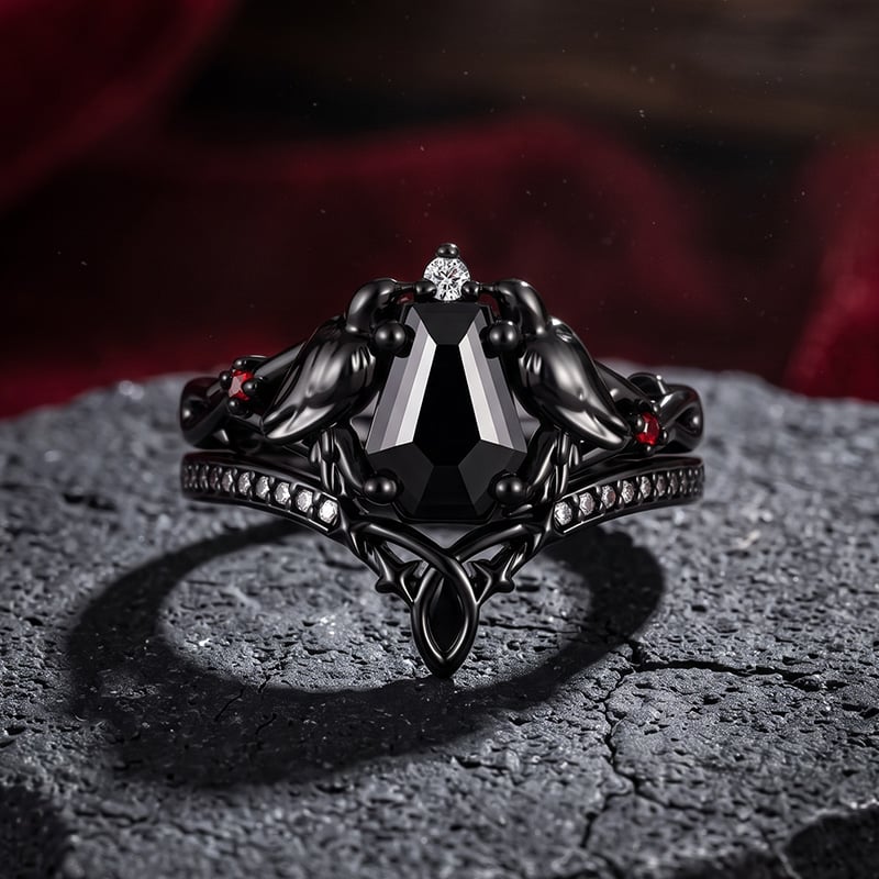 Jeulia Until Death Gothic Black Coffin Cut Raven Ring Set 2PCS